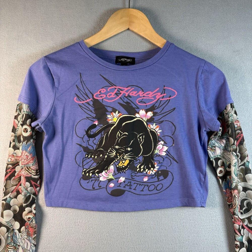Ed Hardy Y2K Tattoo Panther Crop Top Mesh Tattoo Sleeve Purple Sz M